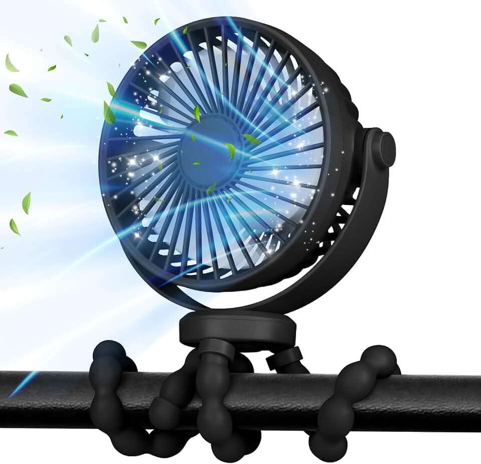 POPERFUN Kinderwagen-Ventilatoren 5200 mAh 20H, Stroller Fan Akkulaufzeit Clip Ventilator, 360° Abnehmbare 3 Geschwindigkeiten wiederaufladbarer USB-Ventilator,Reisen, Autositz, Büro (Schwarz)