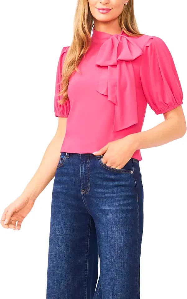 CeCe Short Sleeve Tie Neck Bow Knit Top