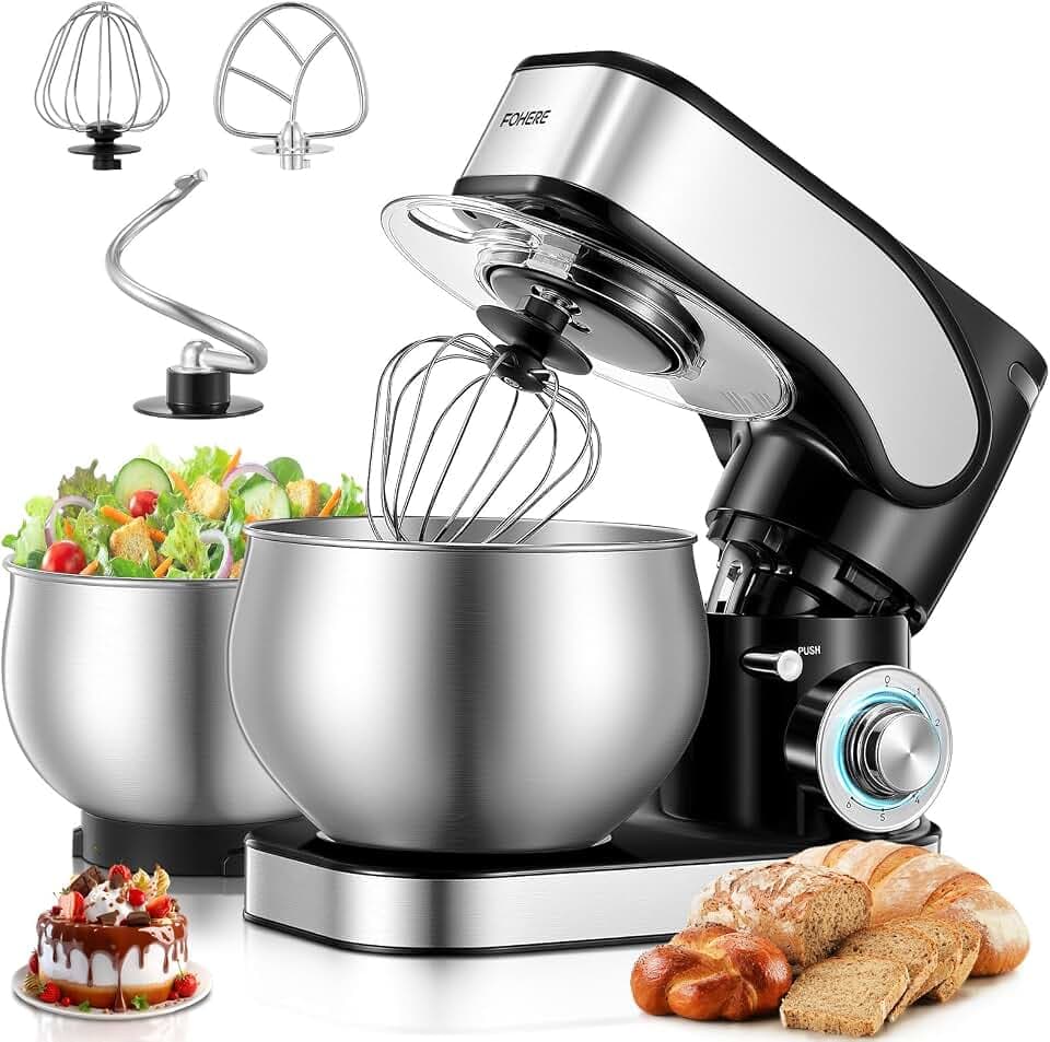 Küchenmaschine mit 5L + 3L Edelstahlschüsseln Dual-Schalen | Knetmaschine Mit Aufgewerteter Knethaken, 1300W Leistungsstarke Teigmaschine, Knethaken, Rührbesen und Schneebesen