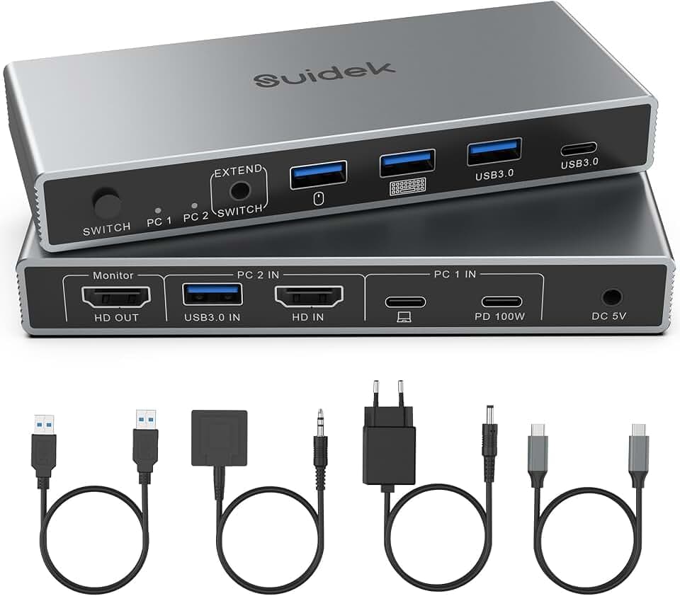 SUIDEK USB-C+HDMI KVM Switch 2 in 1 Out 4K@60Hz für 1 Laptop und 1 Desktop