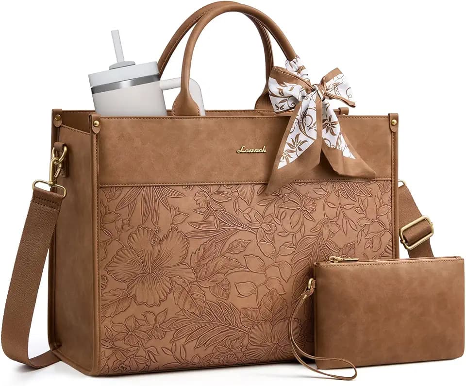 LOVEVOOK Laptop Tote Bag for Women, Vintage Work Bag with Large Cup Holder