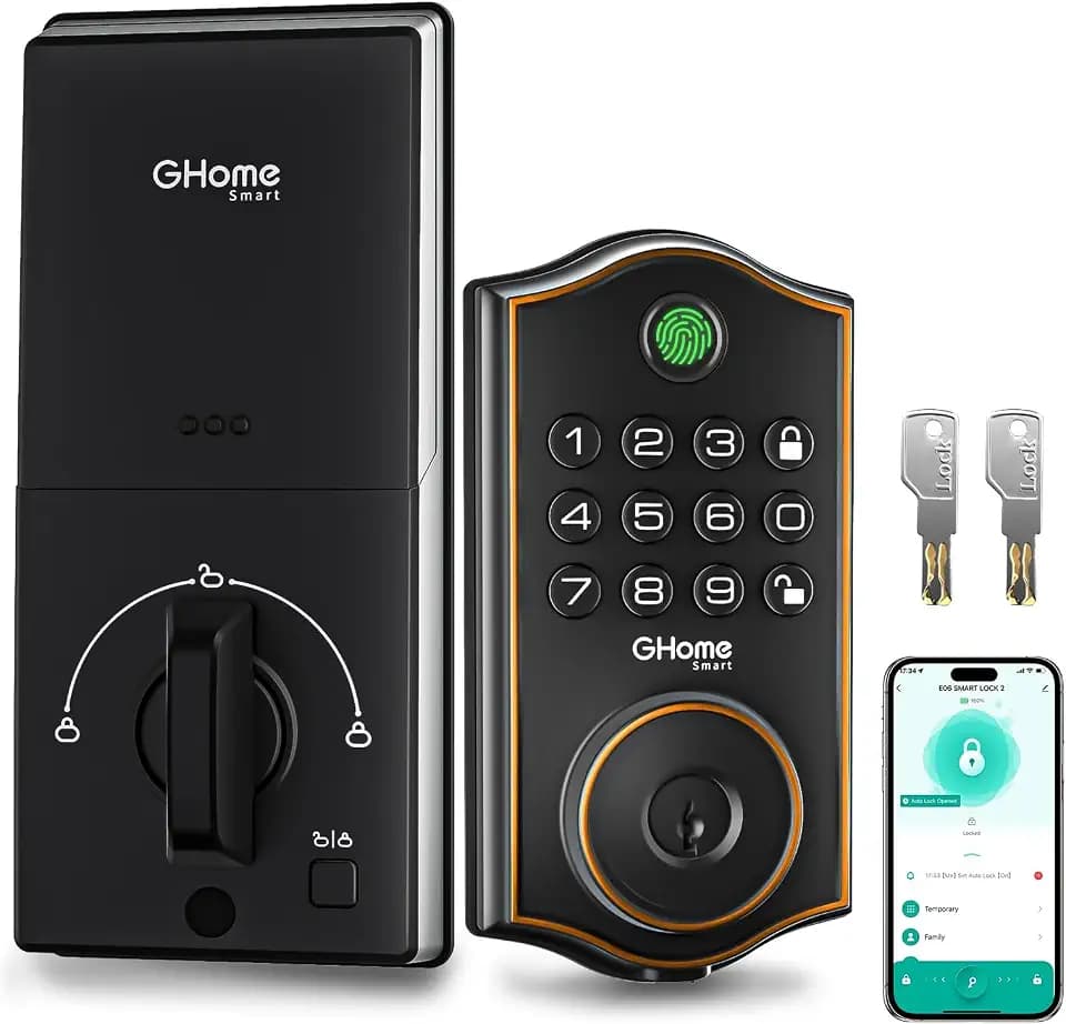 GHome Smart Fingerprint Door Lock for Front Door, 1.0s Unlock AI Self-Learning Keyless Entry Deadbolt with App Control, Keypad, Auto Lock, Digital Code Smart Lock for Home, Airbnb, Apartment, Garage