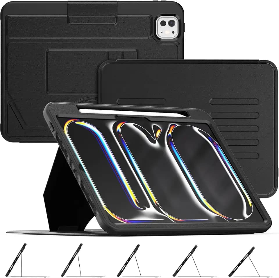 HXCASEAC for iPad Pro 11 inch Case M5/M4, with Pencil Holder | 5-Adjustable Magnetic Stand | Soft PU Leather | Auto-Wake/Sleep | Slim Protective | Card Slot, iPad Pro 11 Case Cover (2024-2025), Black