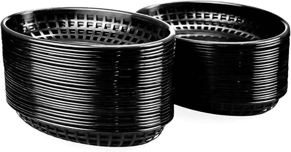 Kingrol 50 Pack Black Oval Fast Food Baskets, Food Serving Tray for Sandwiches, Burgers, Nachos, Fries, Hot Corn Dogs, Plastic Storage Basket Bin, 8-7/8 x 5-5/8 Inches