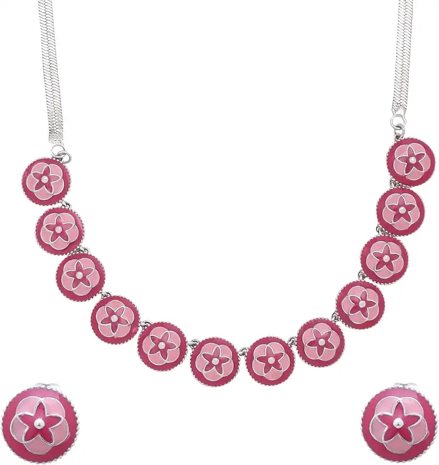 Rosa Rose Garden Brass Necklace and Earrings Set, Handcrafted, 14+2.5" Adjustable Chain