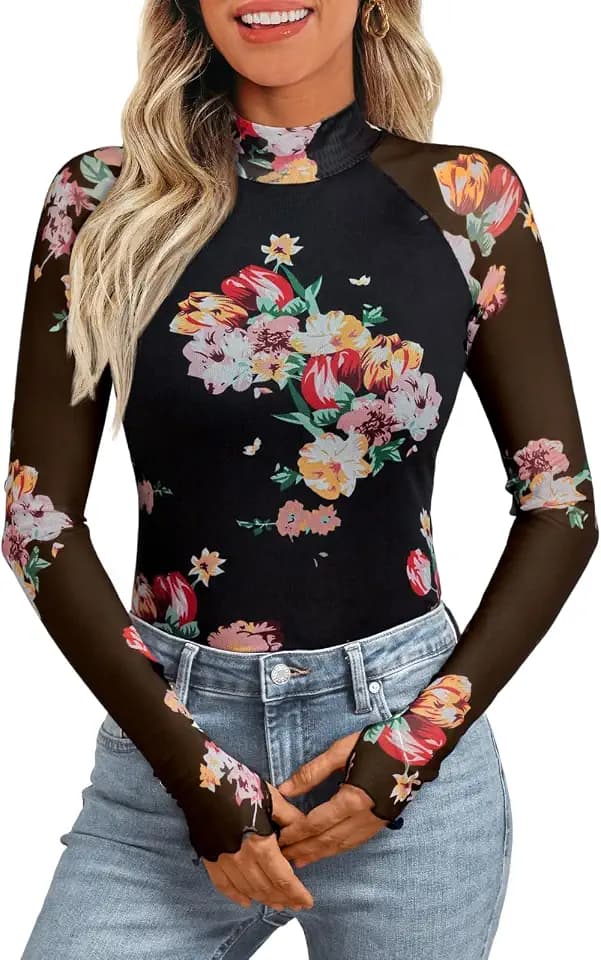 Dealmore Womens Lace Sheer Floral Mesh Mock Neck Tops