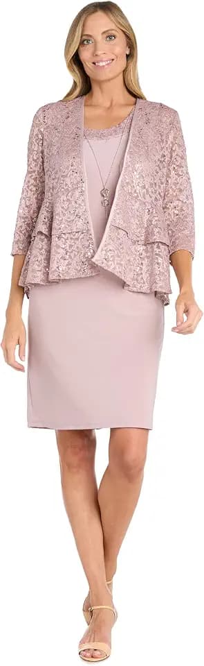 R&M Richards Women's Elegant Sheath Ensemble W/Tiered Glitter Lace Jacket - Formal Evening Wear, Wedding Guest