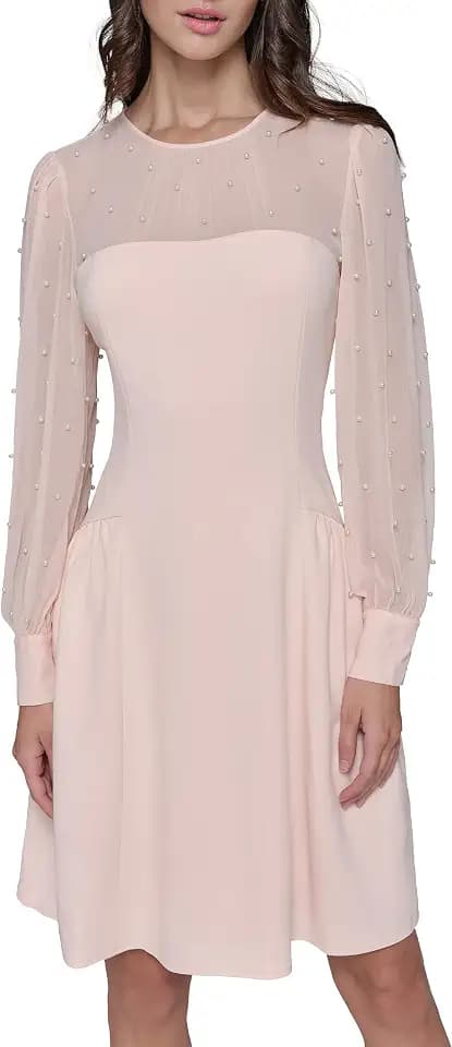 Karl Lagerfeld Women's Illisoin Sleeve Long Sleeve Party Aline Dress