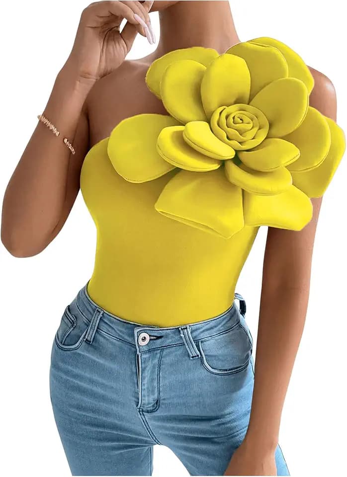 SHENHE Women's One Shoulder Sleeveless Slim Fit 3D Flower Top