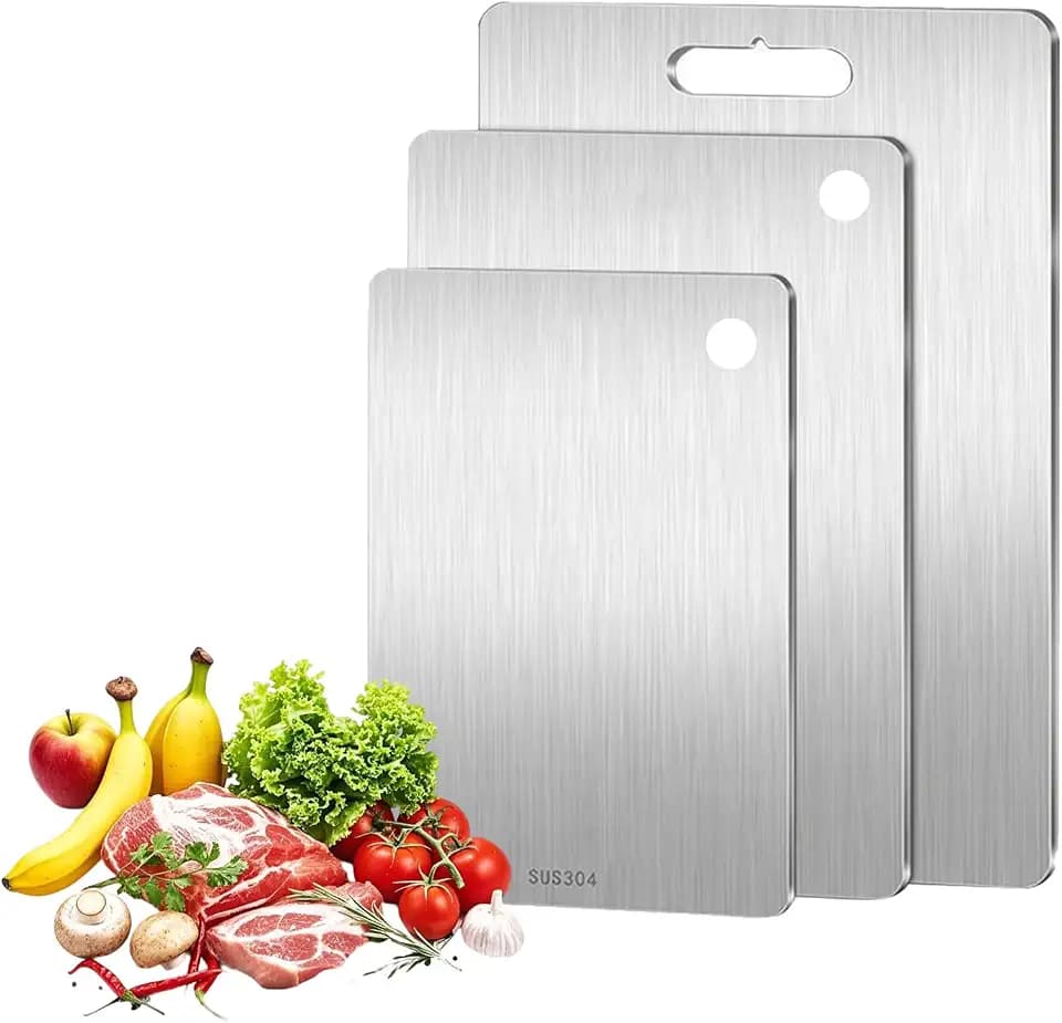 3 Stück Edelstahl Schneidebrett, Doppelseitiges Rutschfest Lebensmittel Grade Schneidebretts, Titan Schneidebrett Set für Fleisch Brot Gemüse Obst (29x20cm, 34x23cm, 39x28cm)
