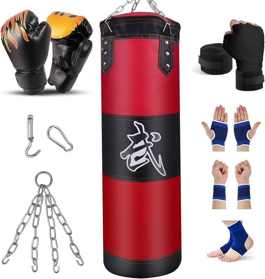 Schwerer Boxsack für Erwachsene Jugendliche Kinder mit Indoor/Garten Boxsack Ungefüllter Boxsack Set mit Boxhandschuhen, Wraps, Kette, Deckenhaken für MMA, Kickboxen, Muay Thai, Karate, Taekwondo