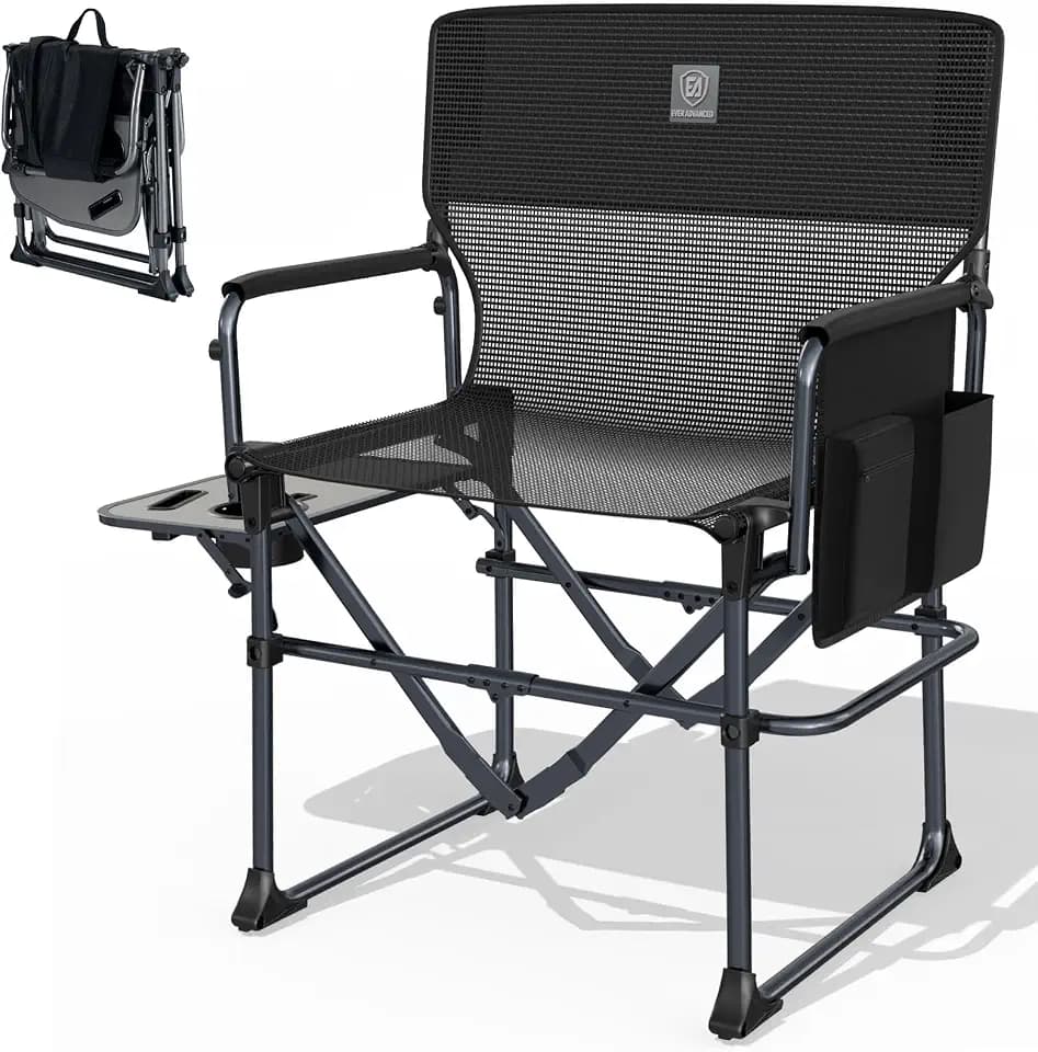 EVER ADVANCED Camping Directors' Chair with Side Table, Portable Folding with Compact Size, Breathable & Quick Dry Design Heavy Duty Lawn Chair with Pocket, 400lbs, Textilene Mesh, Black