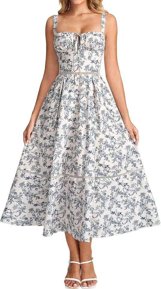 Colysmo Floral Corset Midi Summer Engagement Photoshoot Dress with Pockets