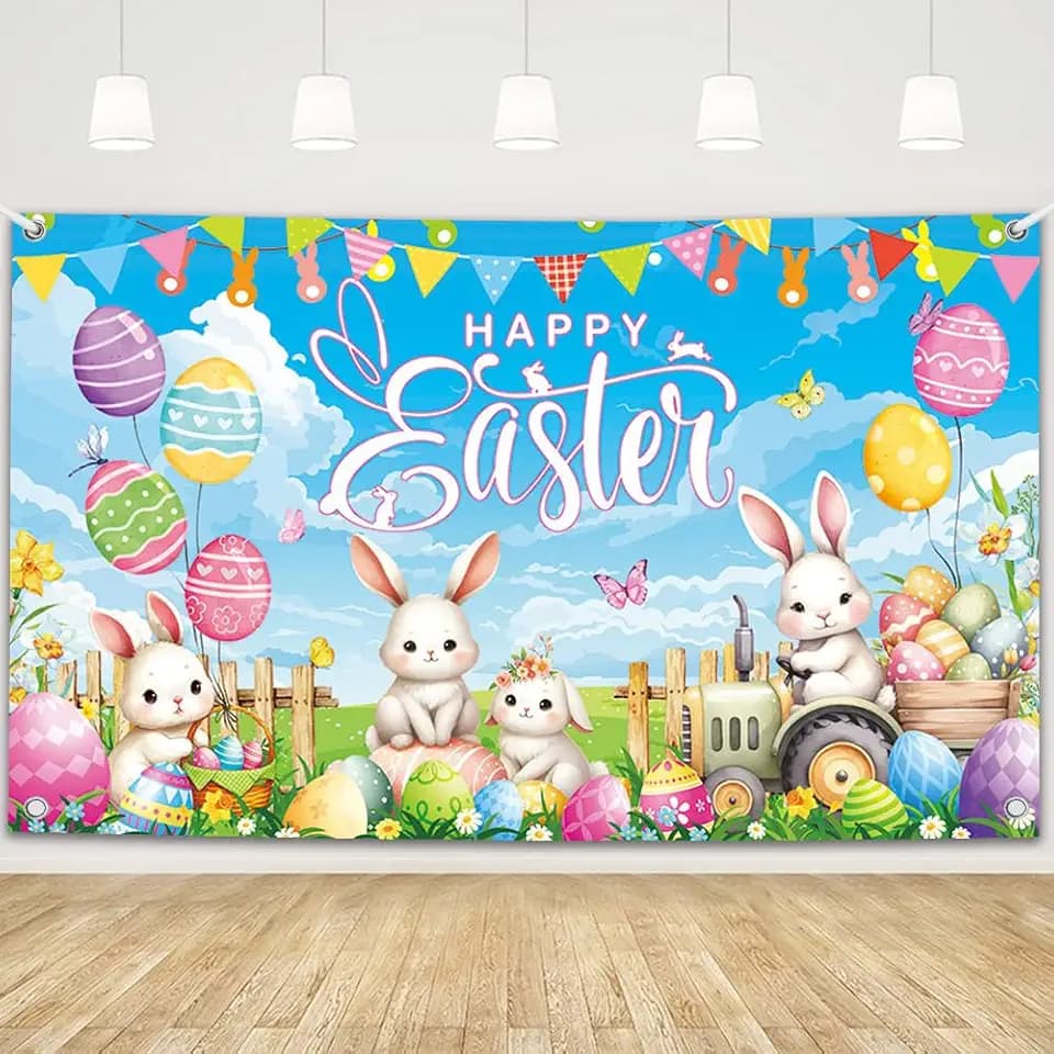 MEHOFOND Happy Easter Backdrop 6x3.6ft Spring Bunny Photography Background Colorful Eggs Flower Grass Easter Party Banner Photo Booth Decor