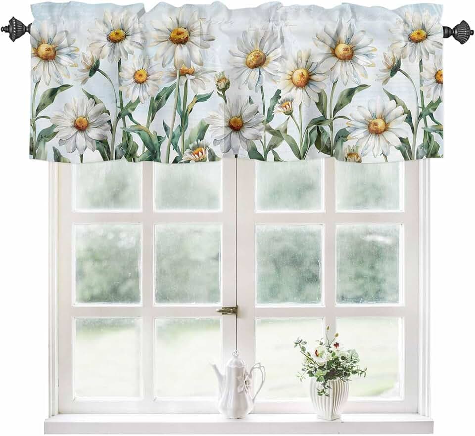 Kitchen Curtain Valance for Windows Summer Daisy Vintage Floral 1 Panel, 54 x 18 Inch Rod Pocket Valance Window Treatments Short Curtains for Bathroom Bedroom