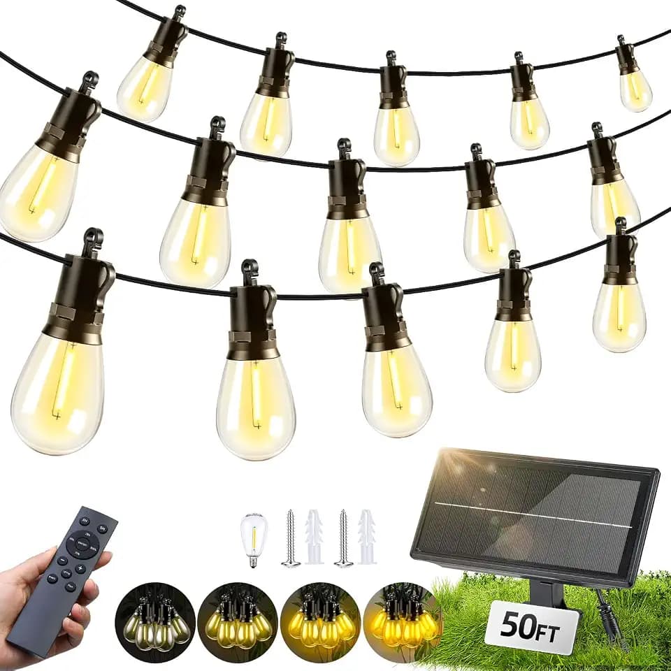 Solar Lights Outdoor Patio Lights: S14 15M 50FT Solar Powered Remote Control 3 Light Modes Dimmable Solar Waterproof Light - Shatterproof Bulbs - Camping Backyard Garden Deck Outside Yard