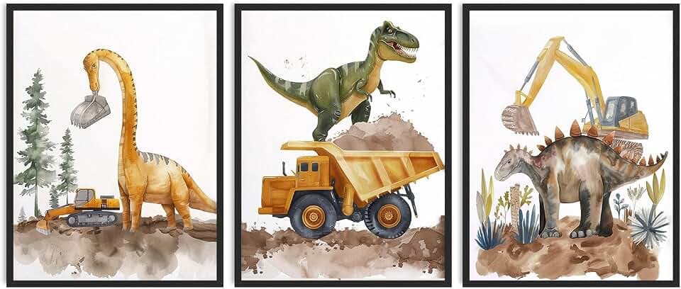 Dazzlewall 3-teiliges Dinosaurier Baumaschinen Wandbild Set, Wasserfarben Poster für Kinderzimmer Spielzimmer 30x40cm Ohne Rahmen