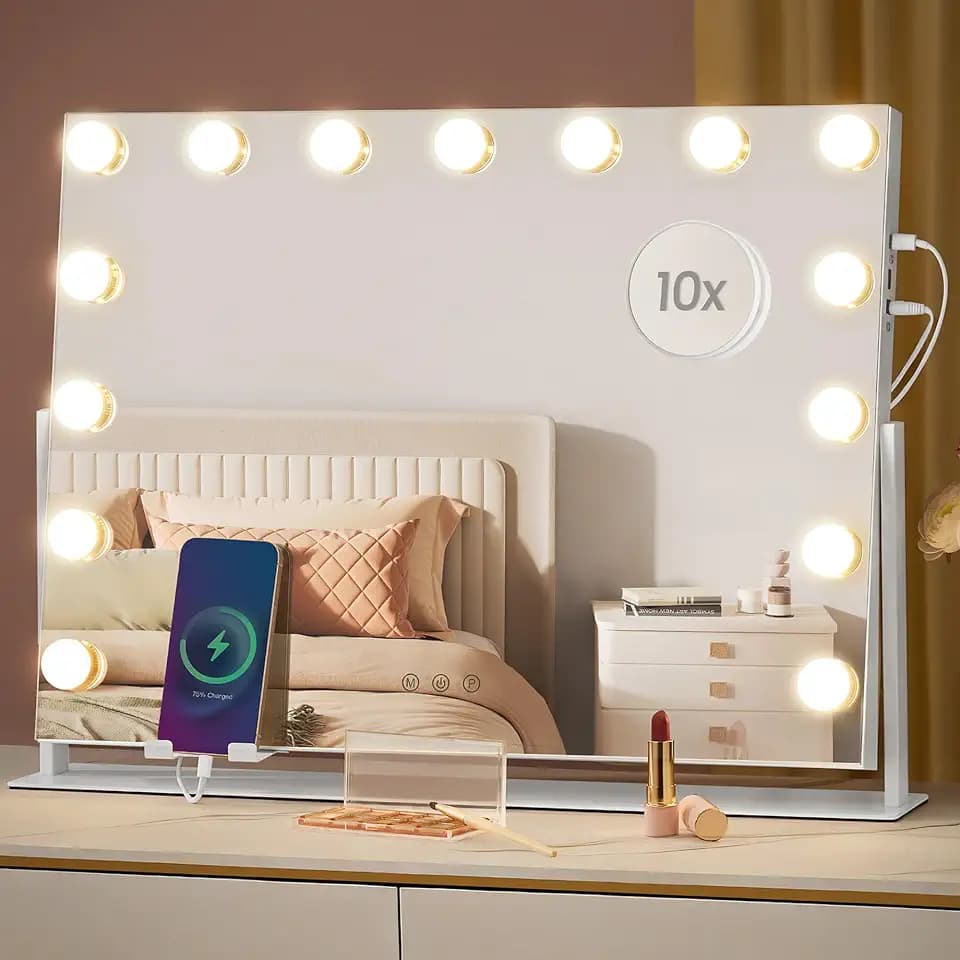 SONGMICS Hollywood Schminktischspiegel, mit Beleuchtung, 62.5 x 45.8 cm | Kosmetikspiegel, Touch-Steuerung, 3 Lichtfarben, dimmbar, Handyhalter, mattweiß, ISLAND Kollektion LWM001W02