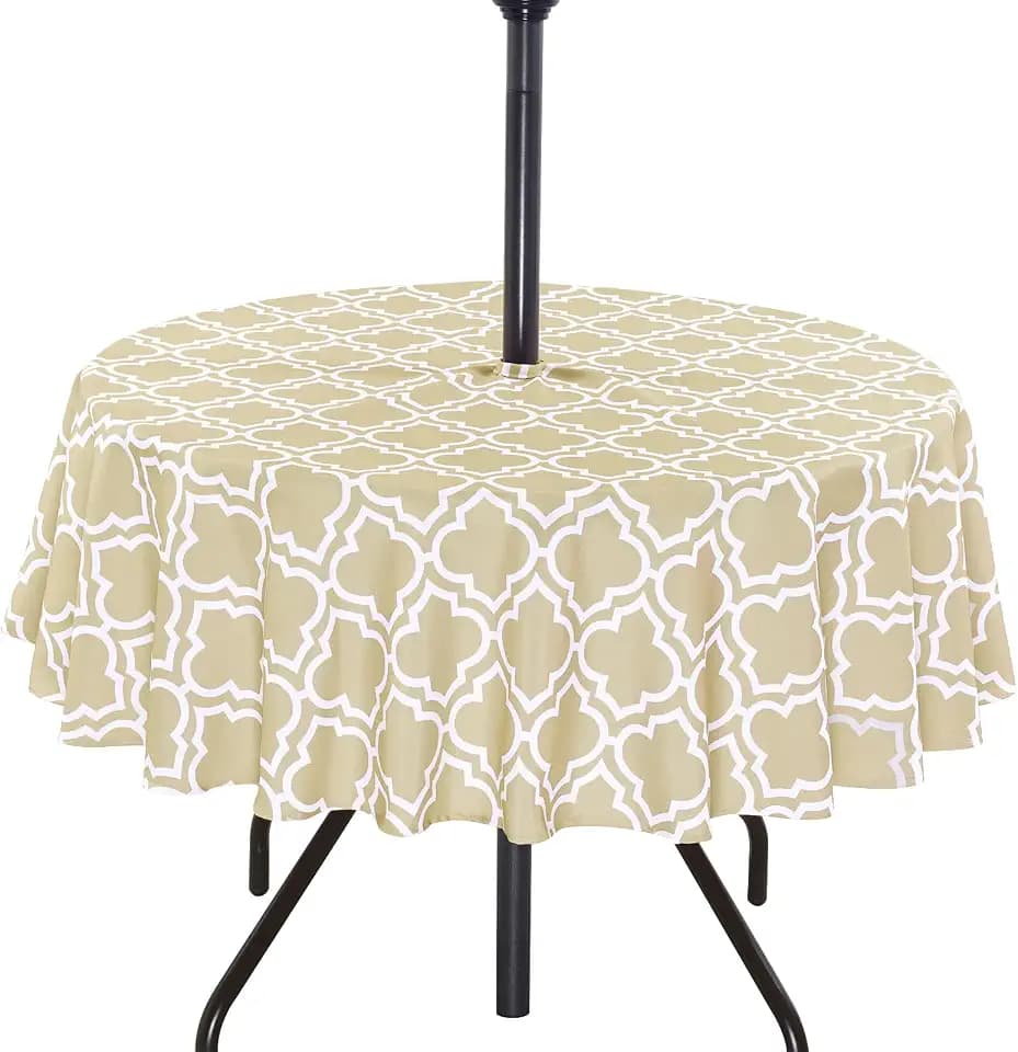 Poise3EHome 60 inches Outdoor/Indoor Waterproof Spillproof Round Tablecloth with Umbrella Hole for Camping, Picnic, Christmas Tree Skirt, BBQ, Khaki