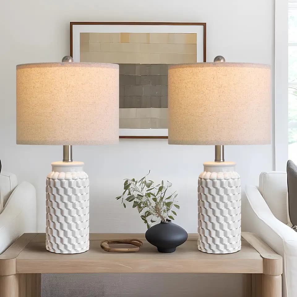 USumkky 20.5" White Modern Ceramic Bedside Lamps Set of 2, Small Table Lamp for Bedroom Decor Farmhouse Nightstand Lamp for Living Room Office