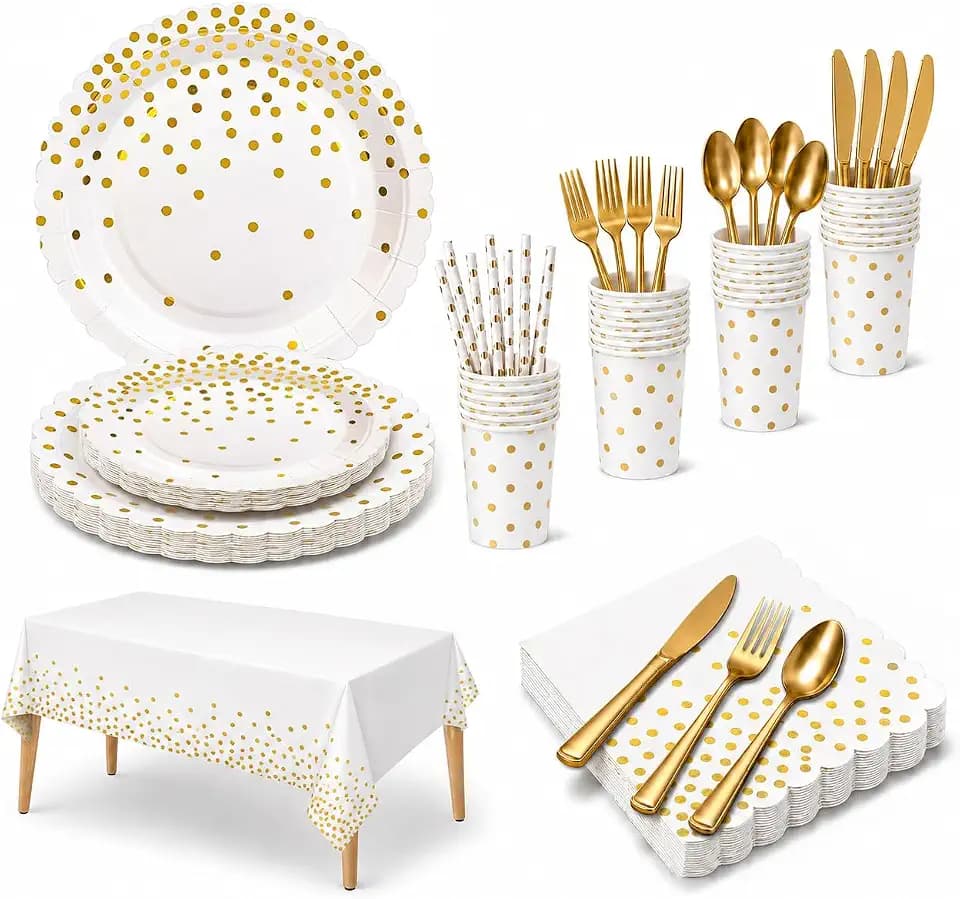White and Gold Dot Party Plates Set, Paper Plates Cups and Napkins Set for Birthday Baby Shower Wedding, Serves 16 Guests