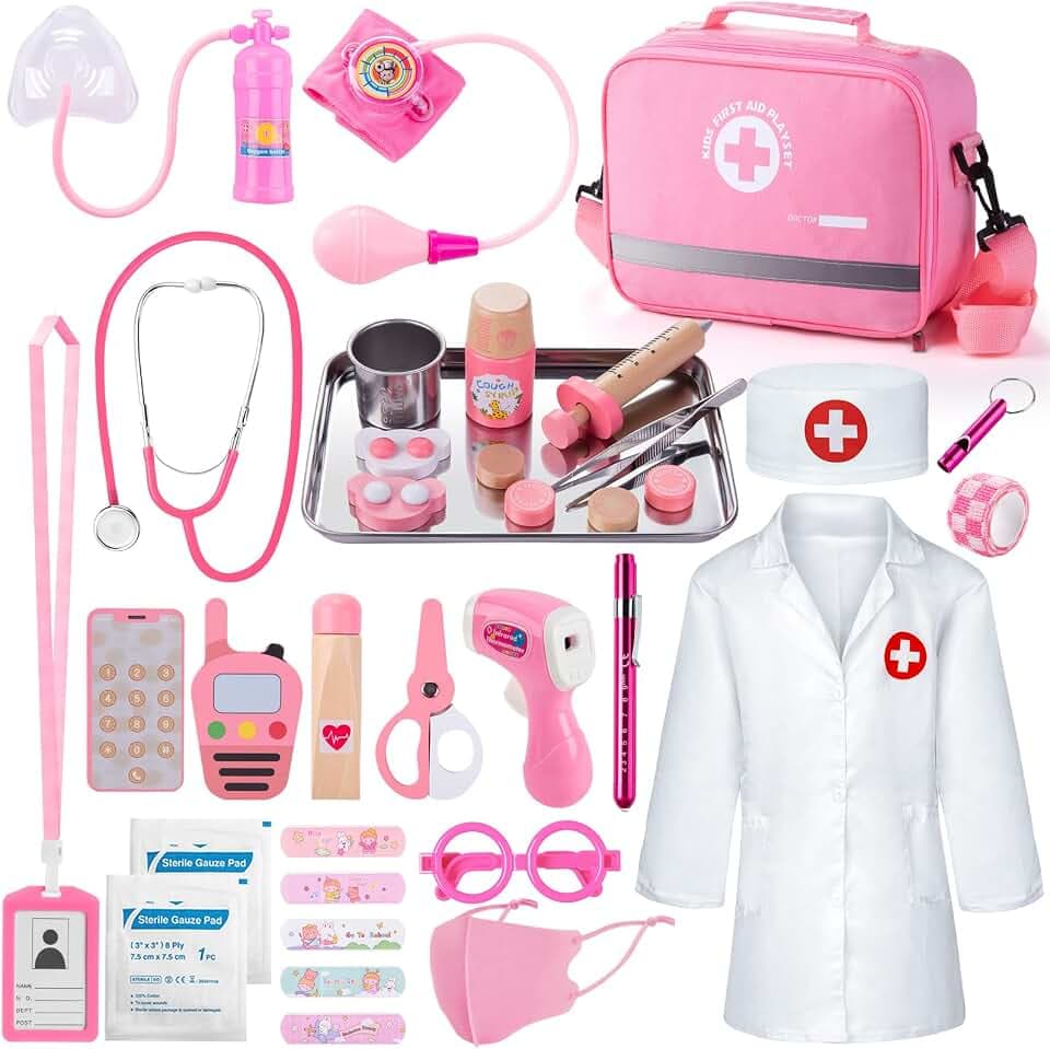 Sundaymot Arztkoffer Kinder Holz, 35 teilig Doktorkoffer mit Echtem Stethoskop, Thermometer & Spritze, Arztkittel & Tragtasche, Geschenk für Rollenspiel Spielzeug ab 3 Jahren