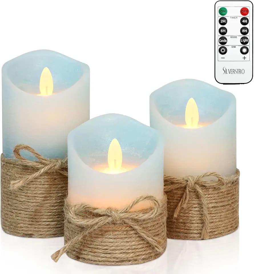 Nautical Decor Ocean Blue Flameless Candles with Remote - Home Farmhouse Easter Spring Decorations - Set of 3 (D3.11 X H4 5" 6")