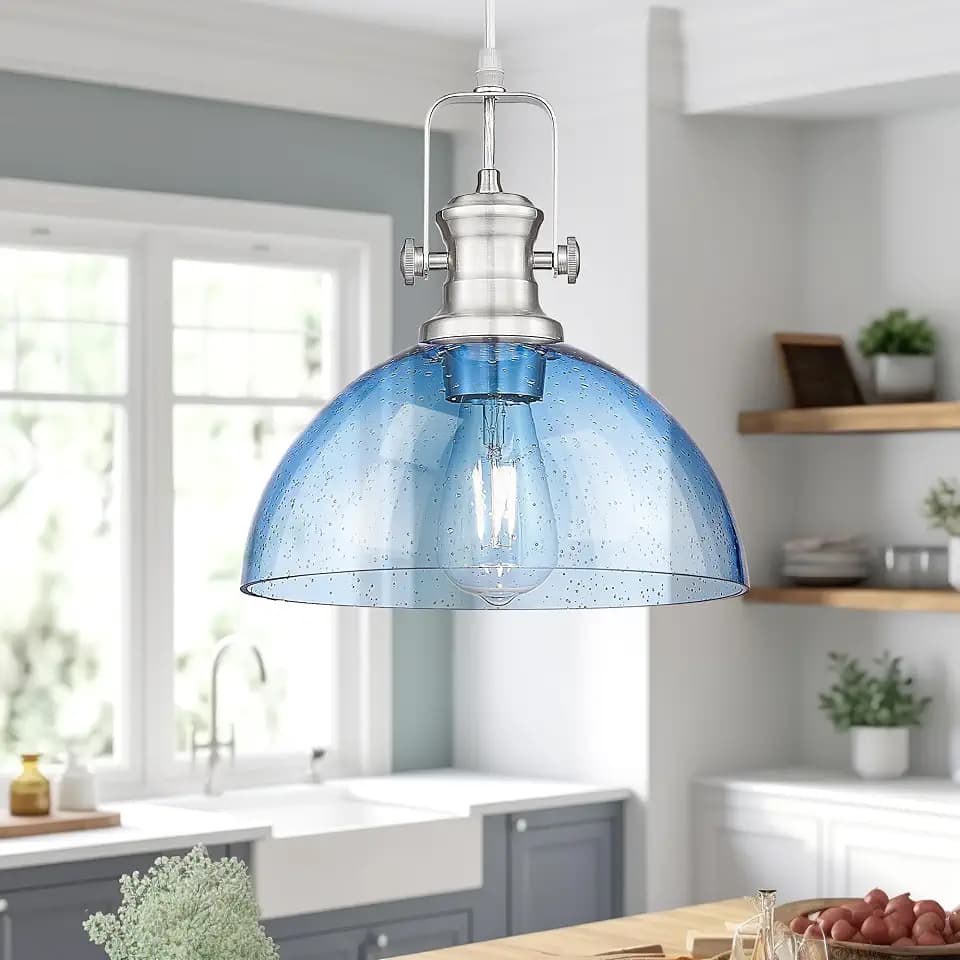 10.5" Brushed Nickel Pendant Lights Kitchen Island, Blue Shade