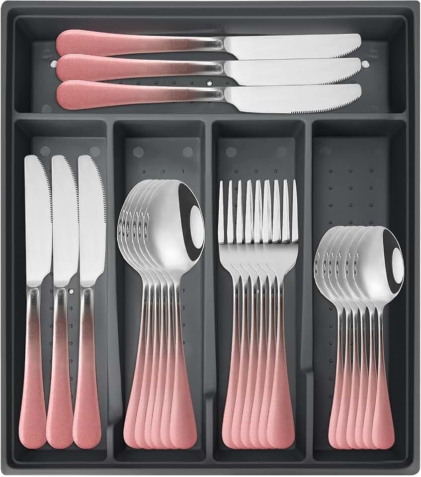 Besteck-Set mit Organizer, Besteck-Set aus Edelstahl mit rutschfestem Griff, hochglanzpoliertes Geschirr-Utensilien-Set für Zuhause, Restaurant, Farbverlauf, Rosa, Silber, 24-teilig