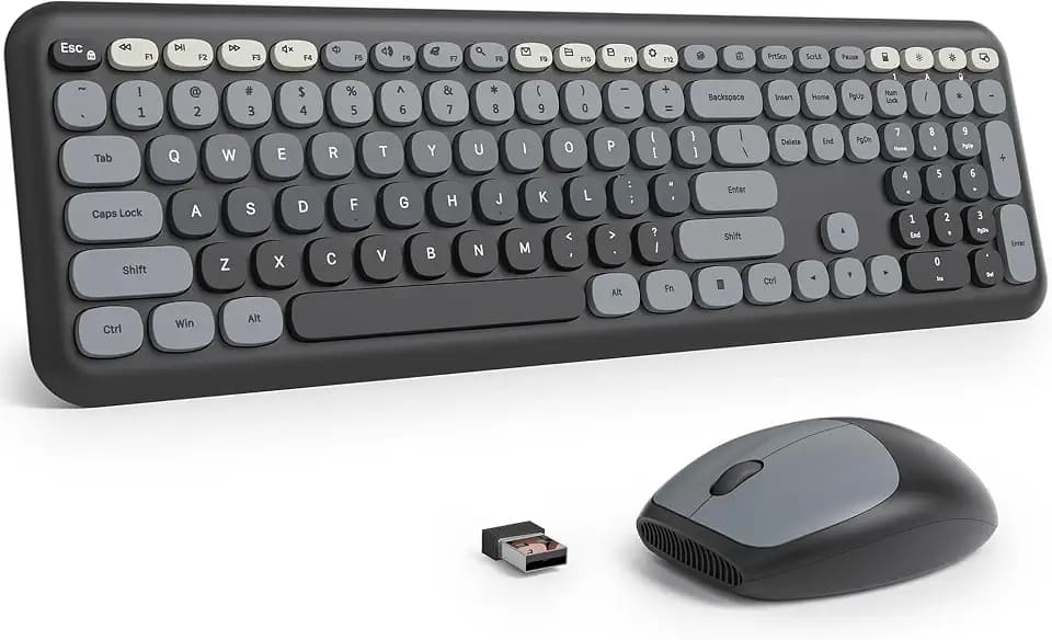 Fogruaden Quiet Black Wireless Keyboard and Mouse, 2.4GHz Retro Cute Typewriter-Style Full-Size Colorful Keyboard and Mouse Combo, Slim Design, Low-Noise Typing for Home, Office, Windows PC, Laptop