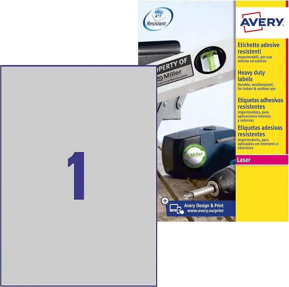 AVERY Zweckform L6013-20 Typenschild Folienetiketten (20 Aufkleber, 210x297mm auf A4, stark selbstklebend, strapazierfähig, wetterfest, bedruckbare Klebefolie, blanko) 20 Blatt, silber