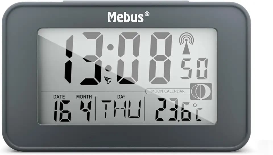 Mebus digitaler Funk-Wecker mit Mondkalender, Beleuchtung, Innenthermometer, 2 Weckzeiten, Schlummer-Funktion/Material: Kunststoff/Farbe: Grau/Modell: 51460