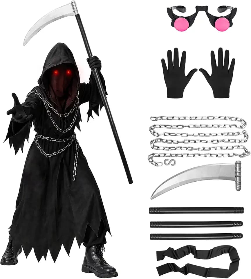 Formemory Sensenmann Halloween Kostüm Kinder Herren 7 Pcs Halloween Kostüm Kinder Jungen mit Brille Sense Kette Gürtel für Halloween Cosplay