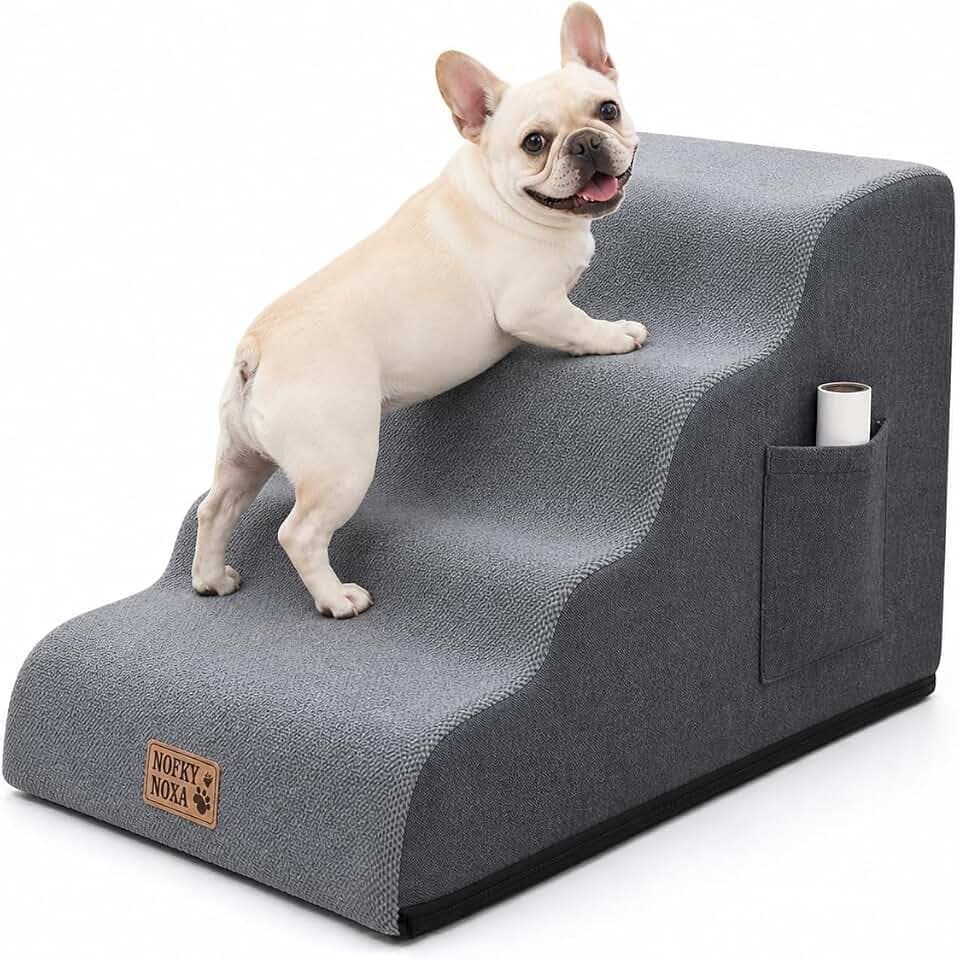 4-Step Dog Stairs for Small Dogs & Cats, 13.8" H Non-Slip Pet Steps with Side Storage Pocket, Sturdy High Density Foam Dog Ramp for Sofa, Couch & Chair, Washable Cover, Grey