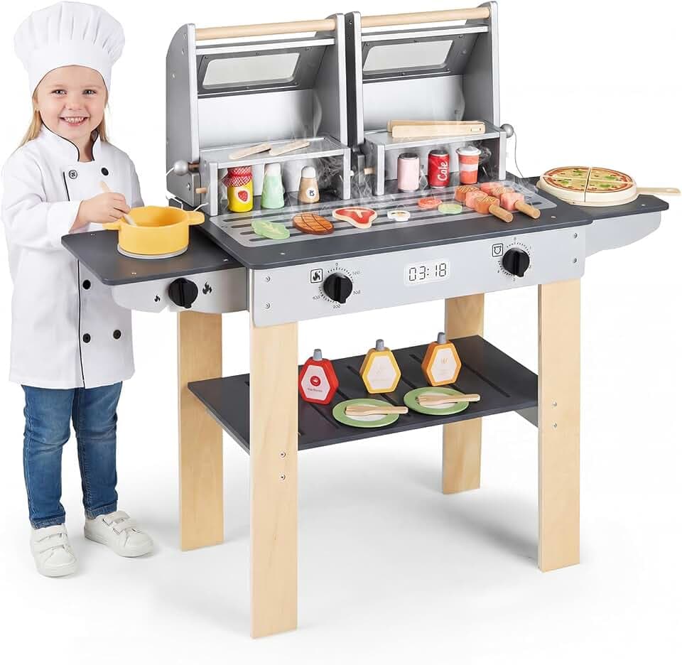 FANTASK Kindergrill Spielzeug, Barbecue Grill mit Grillbesteck & Spiel-Lebensmitteln, Matschküche mit 2 Grills & Klappdeckeln, Outdoor Küchenset für Kinder ab 3 Jahren
