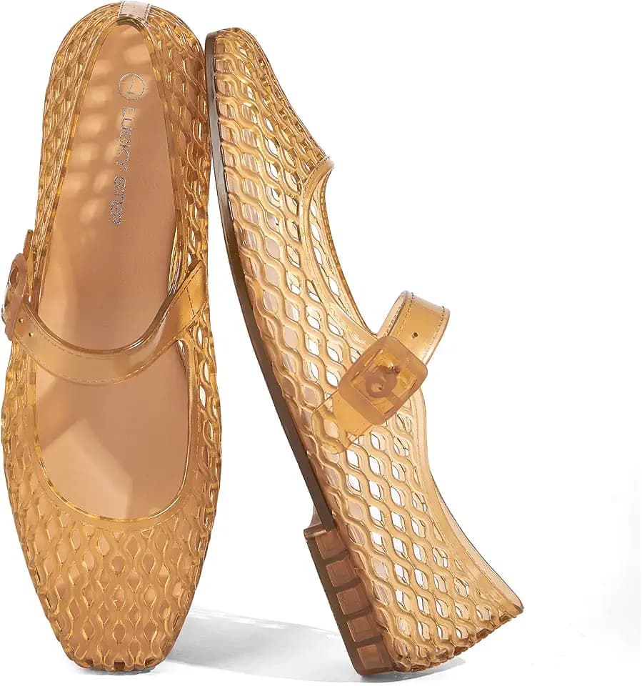LUCKY STEP Women's Jelly Ballet Flats Buckle Strap