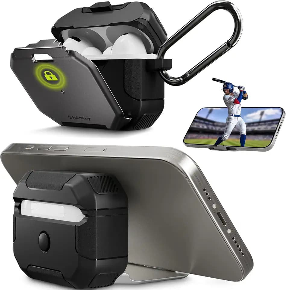 SwitchEasy Defender for AirPods Pro 2 Case with Lock, Military-Grade Hard Shell, Built-in Stand, Shockproof Drop Protection, Carabiner for AirPods Pro 2nd/1st Gen (Space Gray)
