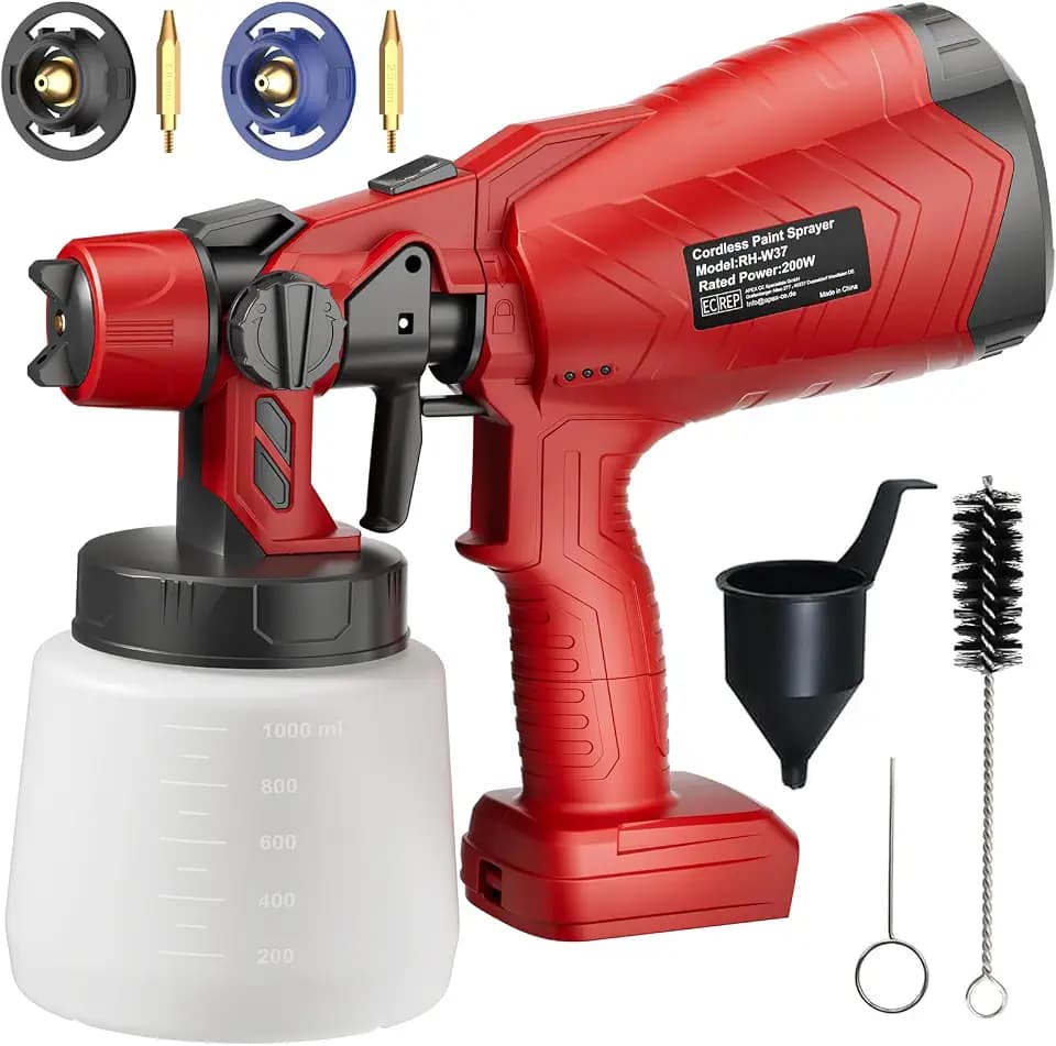Akku Farbsprühsystem für Milwaukee 18V M18, Kabellose Sprühpistole mit 2 Düsen und 1L Tank, ohne Akku, für Holz/Möbel/Geländer