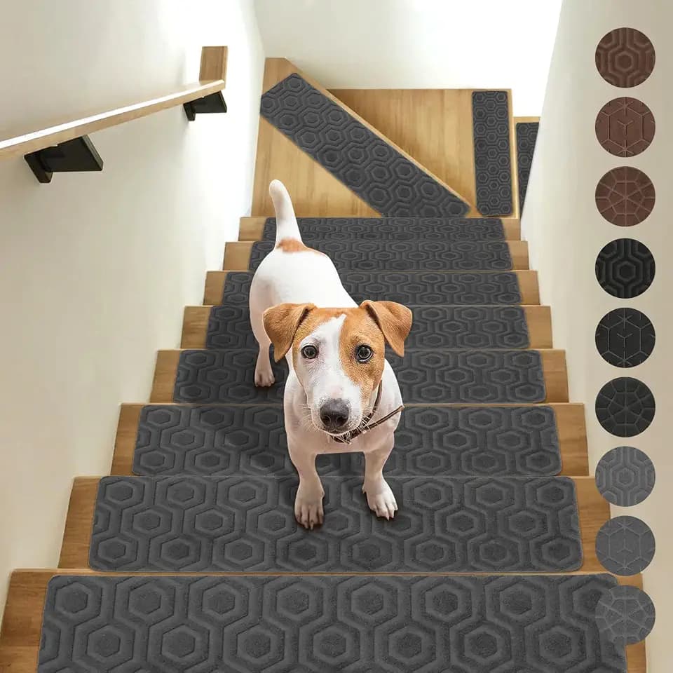 JOYDREAM Non Slip Stair Treads for Wooden Steps Indoor Stair Carpet Treads Peel and Stick Stair Runner Rugs 15 Pack Stair Tread Covers for Kids and Dogs, 8" X 30", Grey Hexagonal