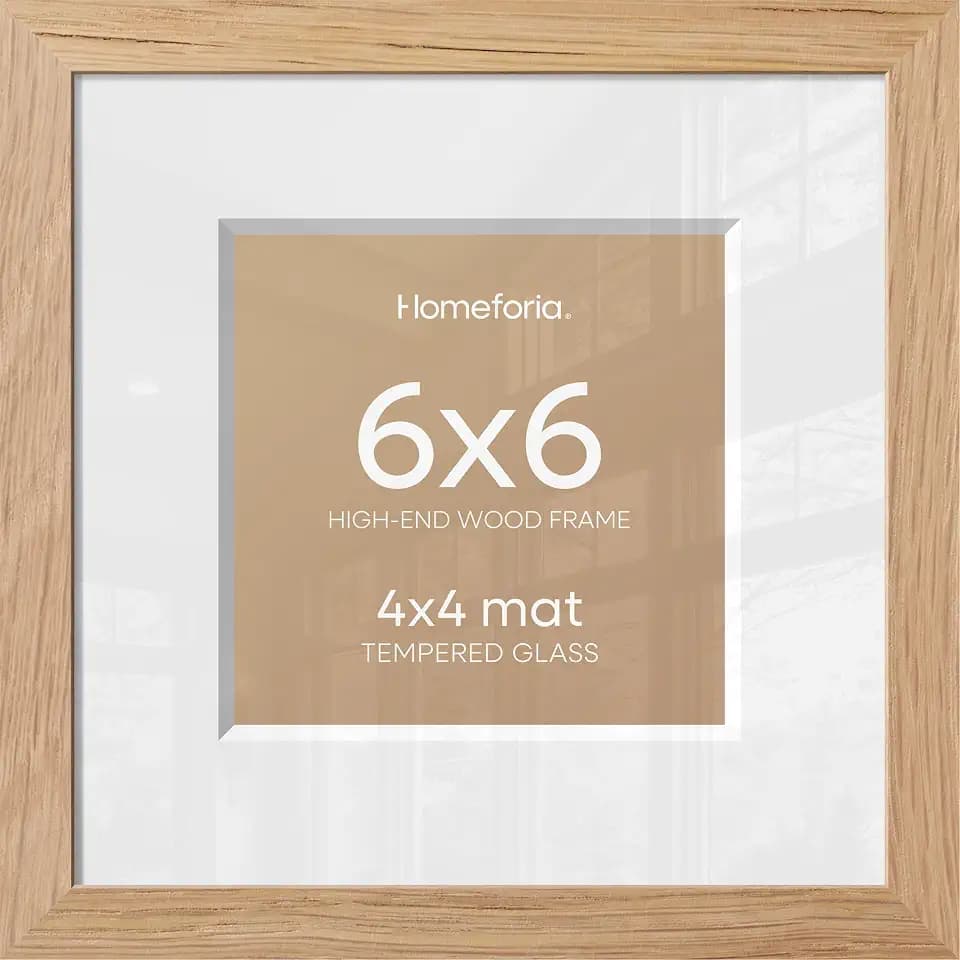 Homeforia 6x6 Natural Oak Picture Frame, High-End Wood, 4x4 Mat, Glass