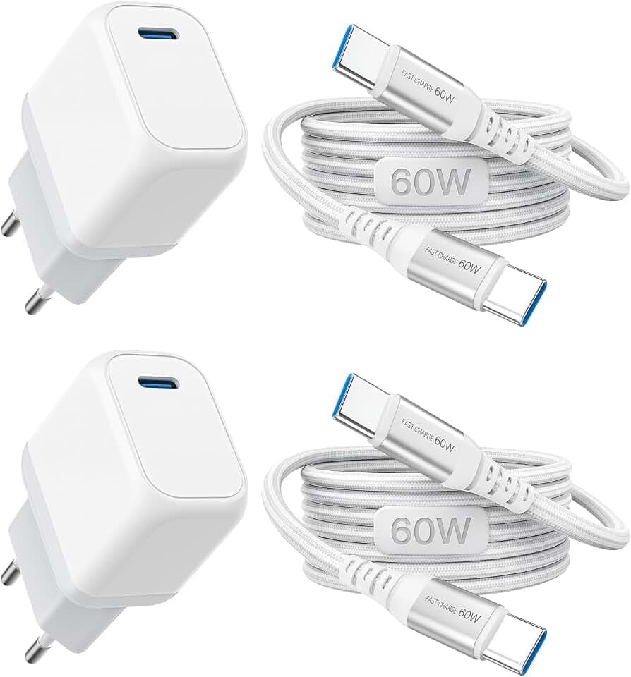 USB C Ladegerät 25W, 2 Stück GaN PPS Schnellladegerät USB C Netzteil mit 2 Stück Schnellladekabel USB C auf USB C 60W 2M Nylon, iPhone Ladegerät für iPhone 17/16/15 Pro/Max/Plus, iPad Air/Mini