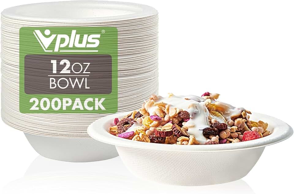 Vplus 200 Pack 12 OZ Compostable Paper Bowls, Bagasse Bowls，White