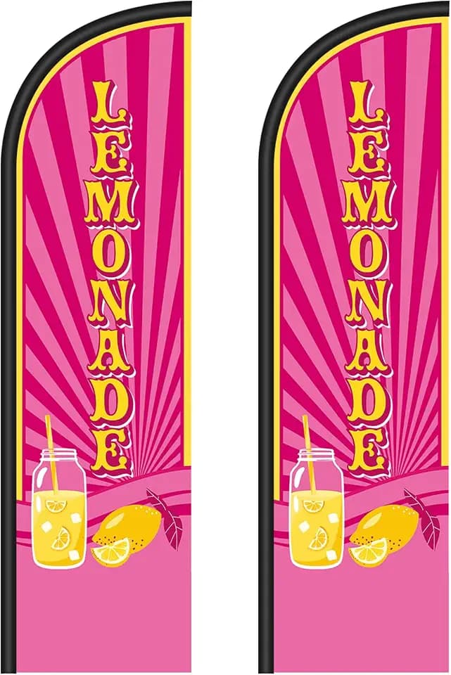 Remagr 2 Pcs Lemonade Sign Feather Flag for Business 12 x 2.5ft Windless Lemonade Banner Swooper Flag for Summer Outdoor Business Food Advertising, Pole Not Included(Pink)