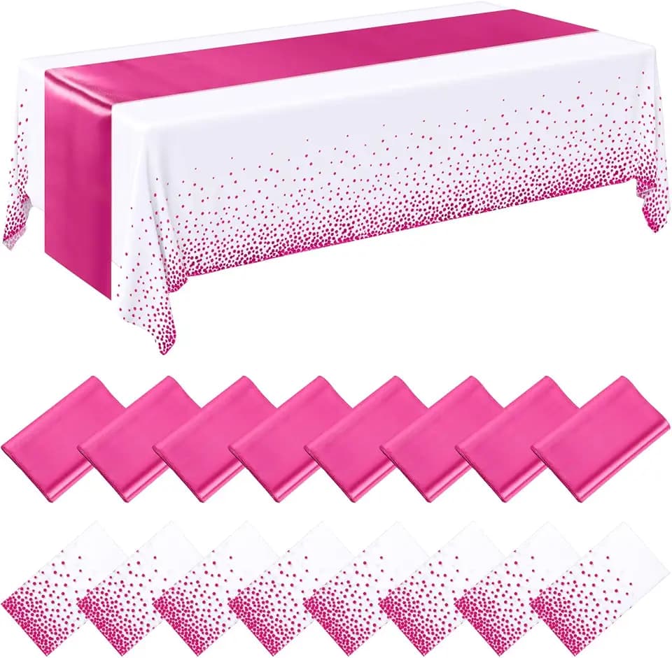 Tudomro 16 Pack White and Hot Pink Plastic Tablecloths Satin Runner Set