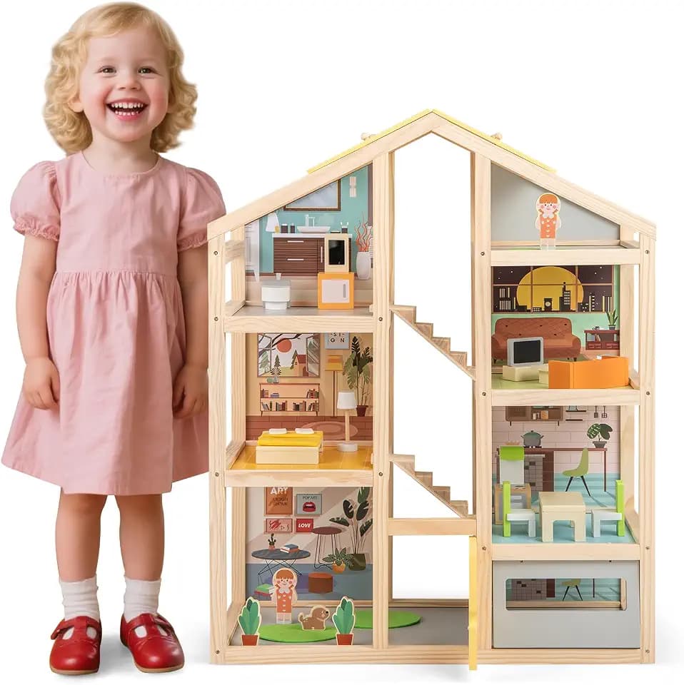 FANTASK Puppenhaus Holz, Bunt Puppenstube mit komplettem Möbeln & Zubehör, 3 Etagen DIY-Dollhouse mit Garage & öffnbarer Tür, für Mädchen & Jungen ab 2 Jahren