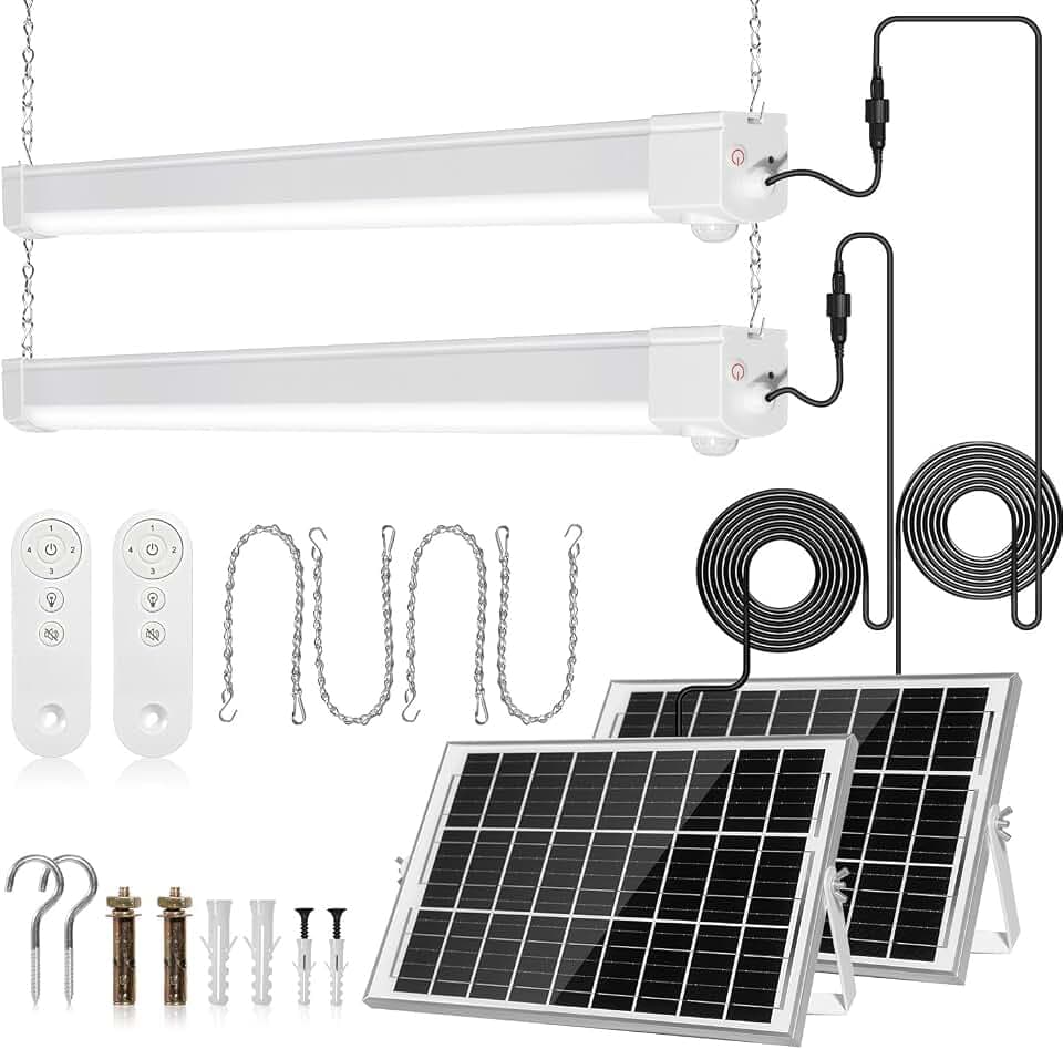 SHUNLEE Solar Shop Light with Motion Sensor, 20W 10000mAh IP65 Waterproof Solar Shed Light Sensor & Always On Mode with 2.4G Remote, LED Ceiling for Shed, Barn, Carport, Garage, Courtyard