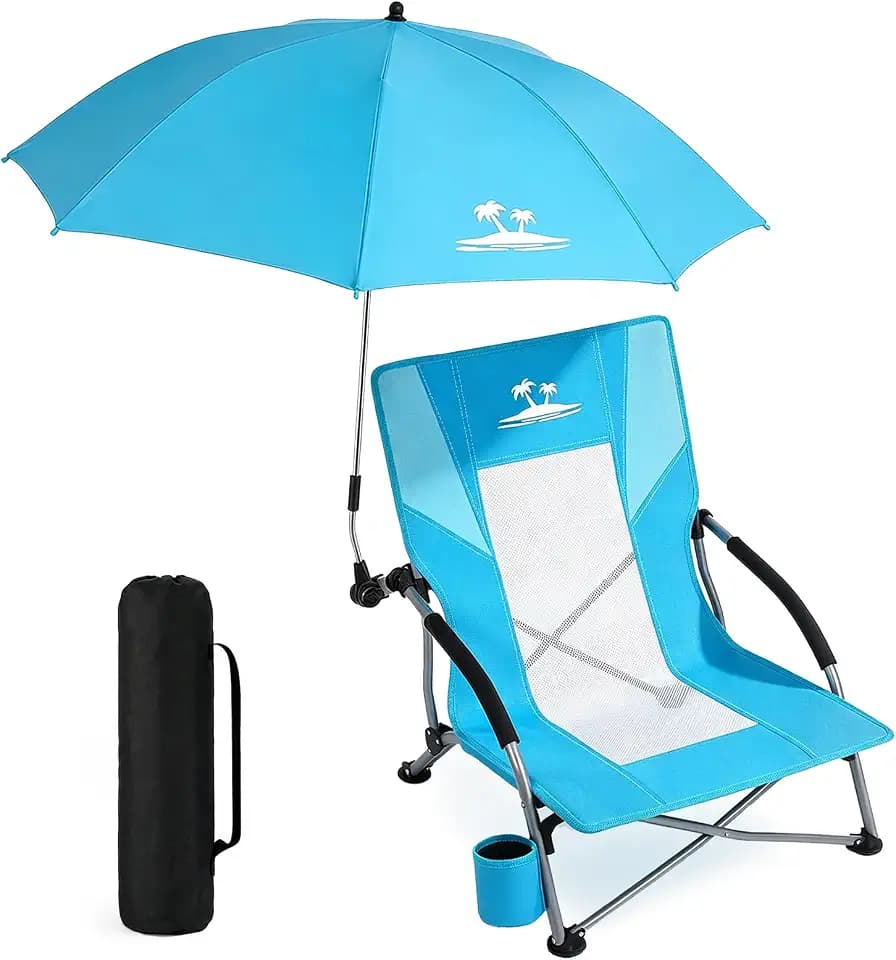 Folding Beach Chair for Adults with UPF 50+ Umbrella, Lightweight Low Beach Chair with Mesh Back, Portable Camping Chair with Carry Bag for Outdoor Beach Lawn Camping, 300lbs Capacity(Blue)