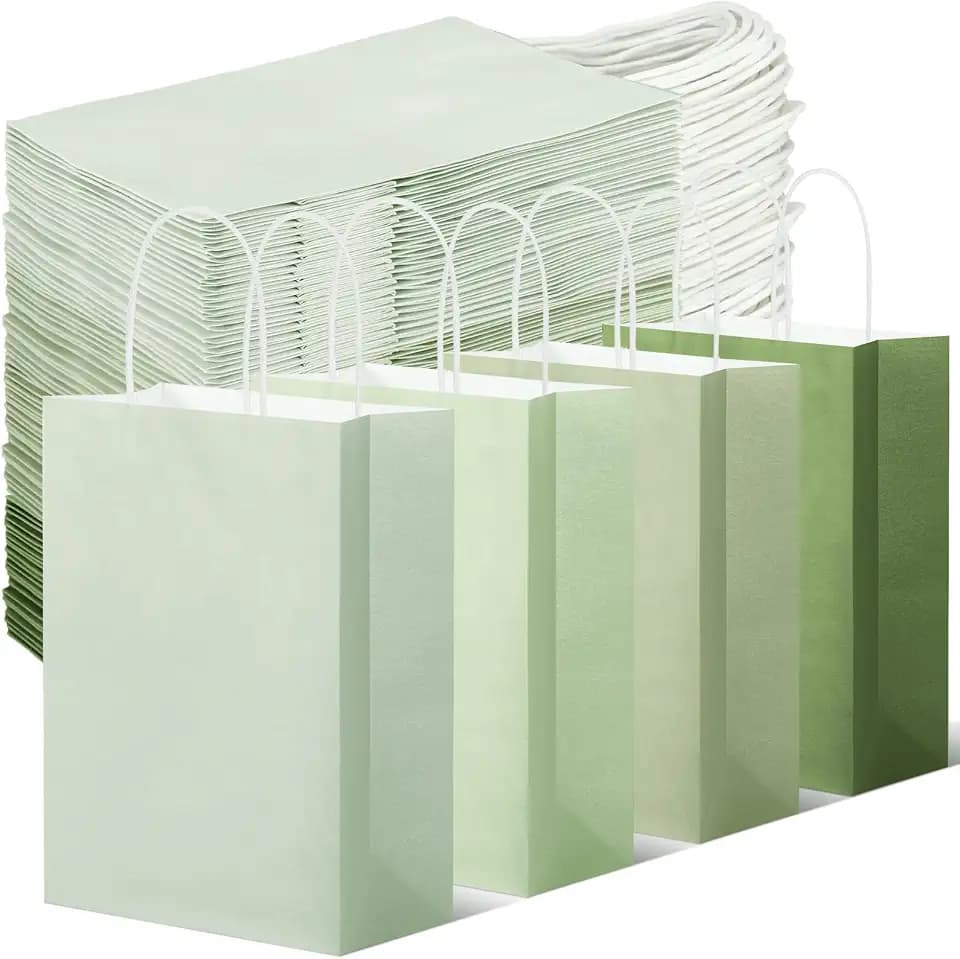 Tenceur 100 Pcs Sage Green Gift Paper Kraft Bags with Handles Party Favor
