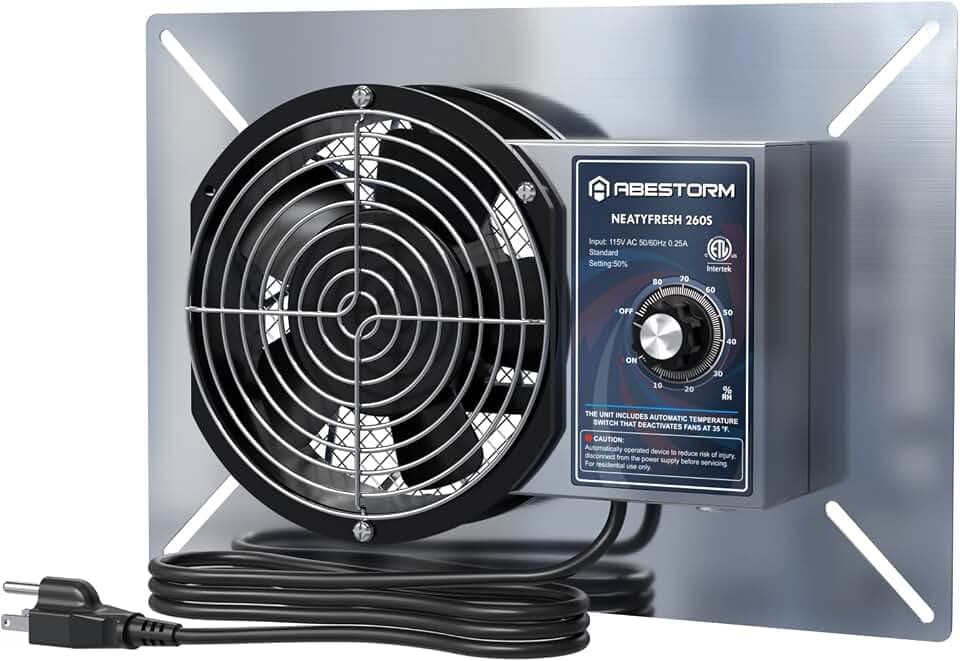 Abestorm 260CFM Crawl Space Ventilation Fan, IP-55 Rated Commercial Stainless Steel Vent Fan with Humidistat & Thermostat, 6.7 Inch Ventilator with Isolation Mesh for Crawlspace, Basement, Garage