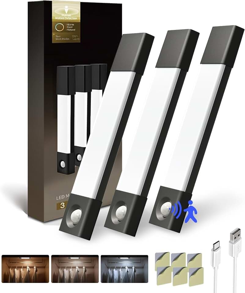 EZVALO Schrankbeleuchtung 20 cm, 30 LED Schrankleuchte LED mit Bewegungsmelder, Unterbauleuchte Küche LED mit 3 Farbtemperaturen, dimmbar, aufladbar für Kleiderschrank, Küche, Treppe, (3 Stück)